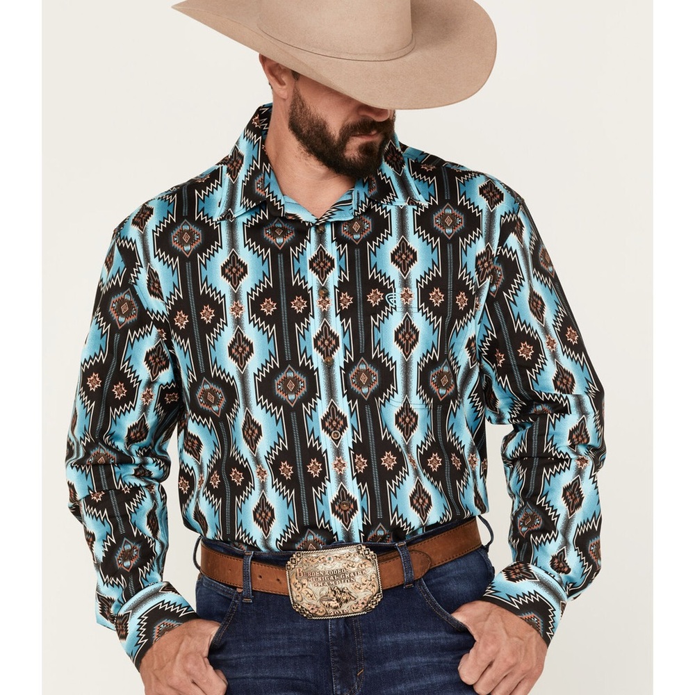 ROCK & ROLL DENIM MEN'S SOUTHWESTERN PRINT STRETCH LONG SLEEVE BUTTON DOWN SHIRT